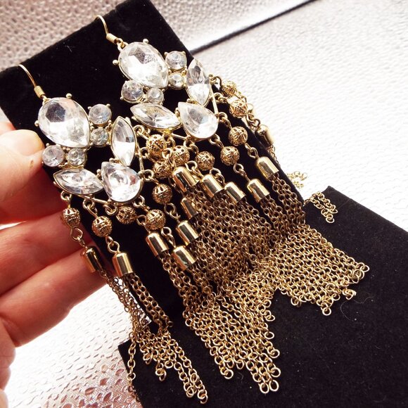 NWOT BRILLIANT CLEAR MULTI-CUT CRYSTALS LONG DANGLY BEADS & CHAINS EARRINGS 2 - Picture 2 of 2